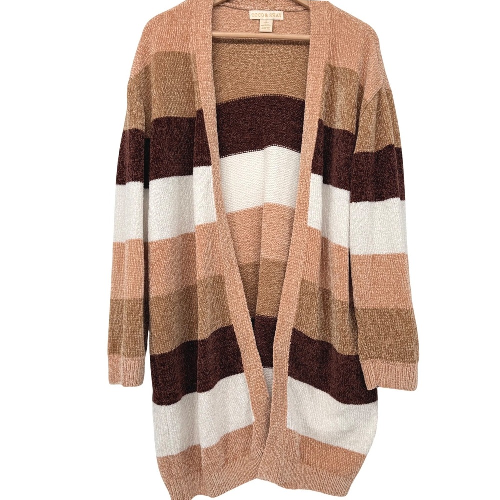 Coco Shay Womens XL Chenille Striped Open Long Cardigan Peach Tan Cottagecore